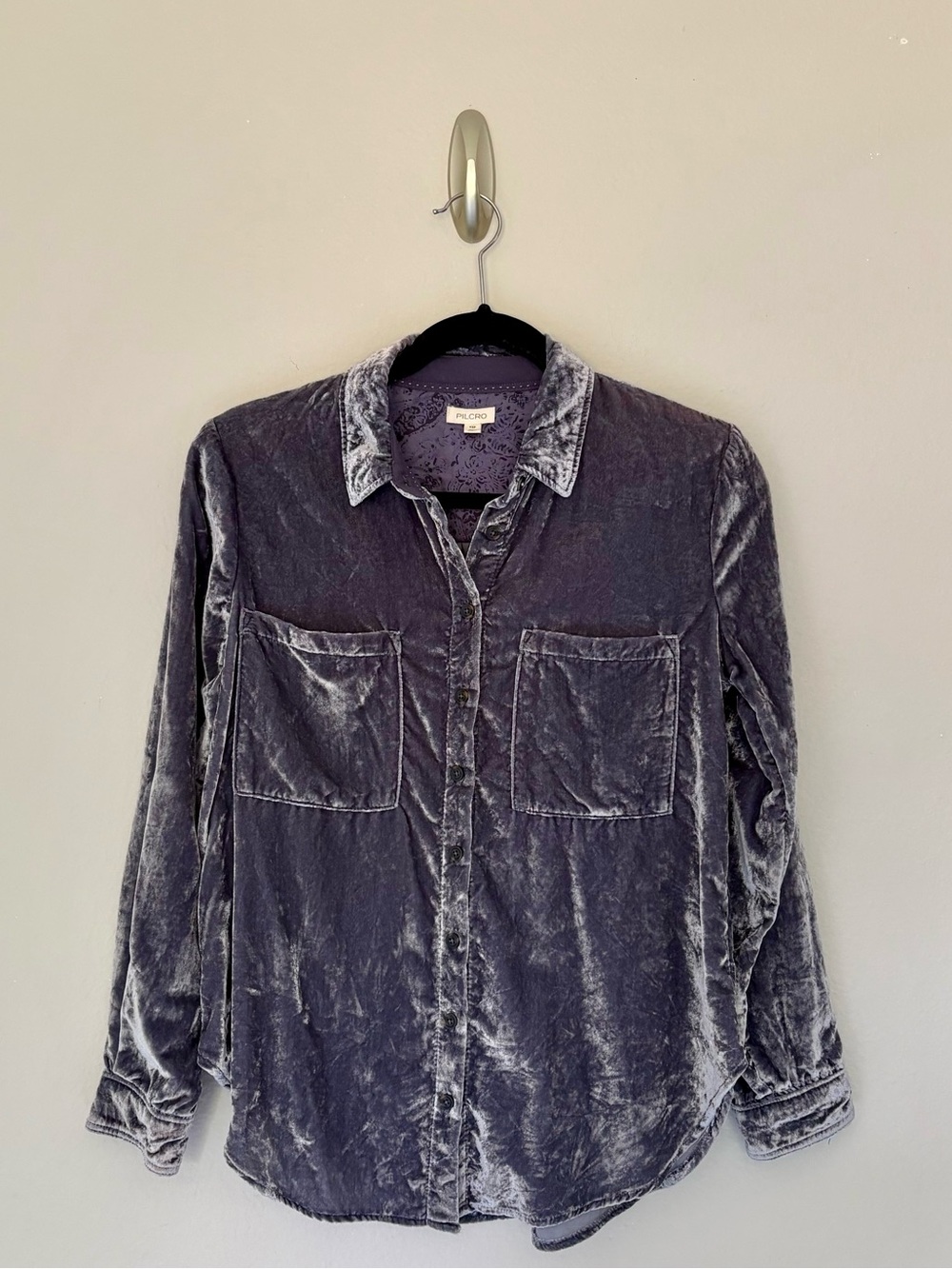 Anthropologie Pilcro Hadley Gray Blue Crushed Velvet Button Down Shirt - XSP